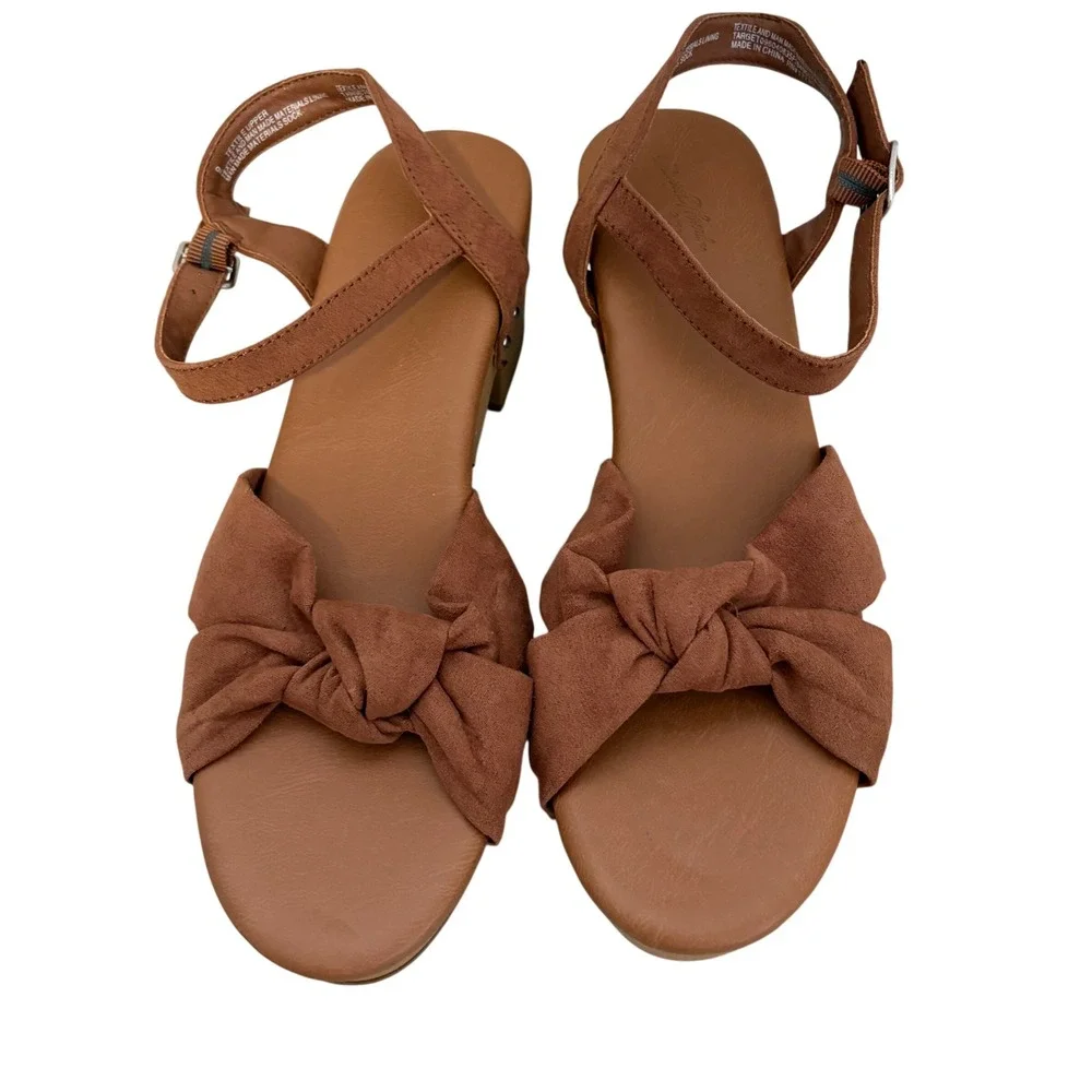 Universal Thread Cognac Brown Bow Platform Sandals Wood Block Heel Studded 9